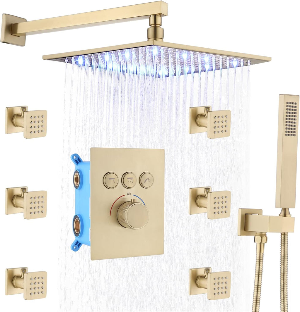 Brushed Gold 16 Inch Ceiling Mount Rain Shower System with Body Jets V379270