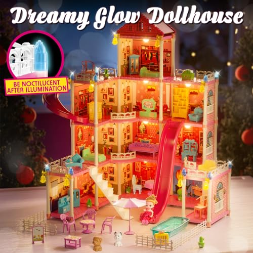4-Story 12 Rooms Pink Dollhouse with Doll and Furniture J787