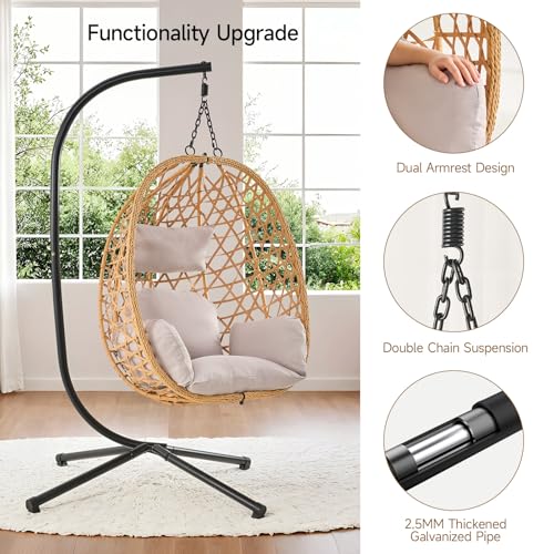 Beige Wicker Rattan Egg Chair with Stand U744530