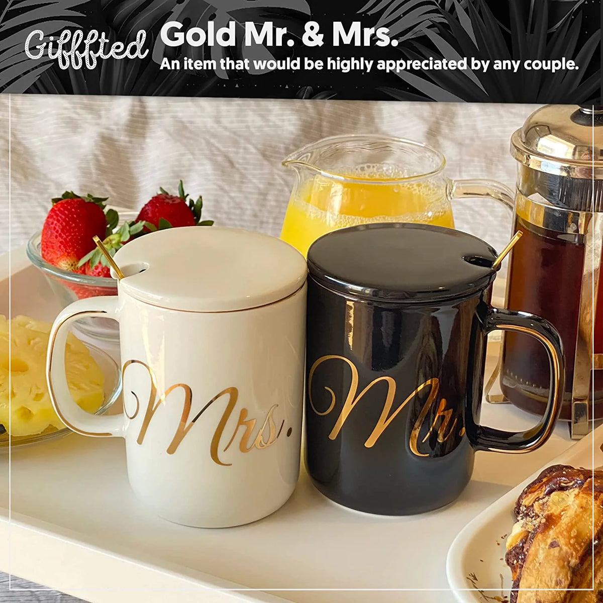 Mr and Mrs Coffee Mugs Set with Lids and Teaspoons R6164