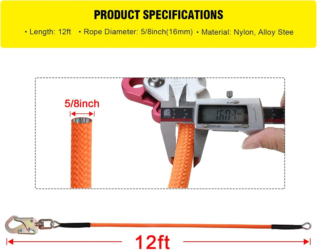 Steel Wire Core Flipline Rope Kit 5/8 x 12 ft with Triple Lock Carabiner Pack of 2 W151