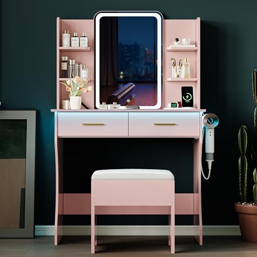 White Vanity Desk with LED Lights Mirror & Chair H709875