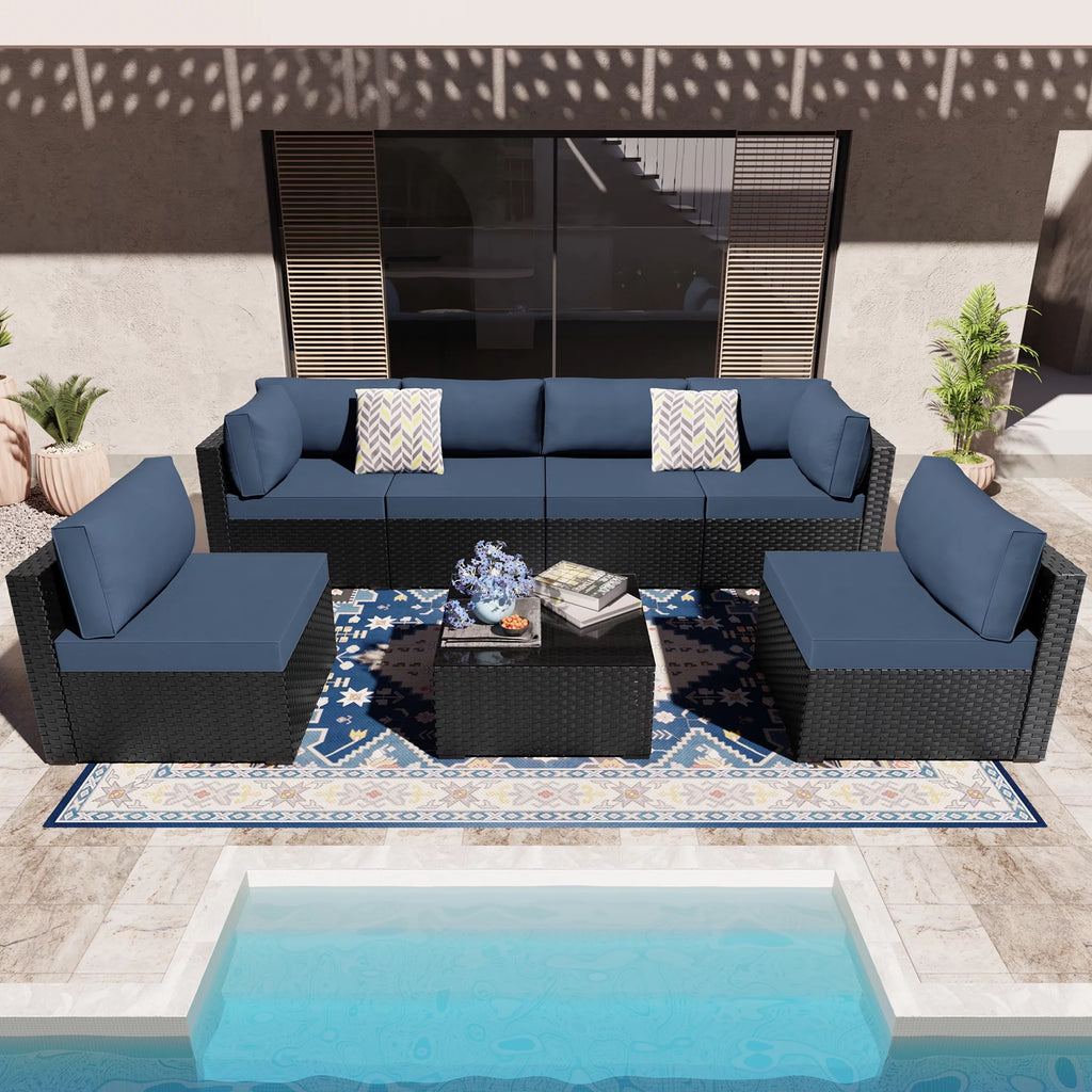 7 Pieces Black Wicker Outdoor Sectional Sofa Set with Tea Table Q666626