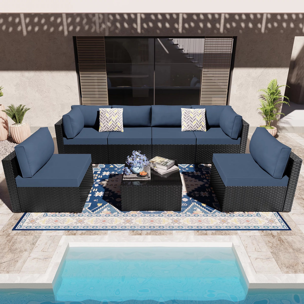 7 Pieces Black Wicker Outdoor Sectional Sofa Set with Tea Table Q666626