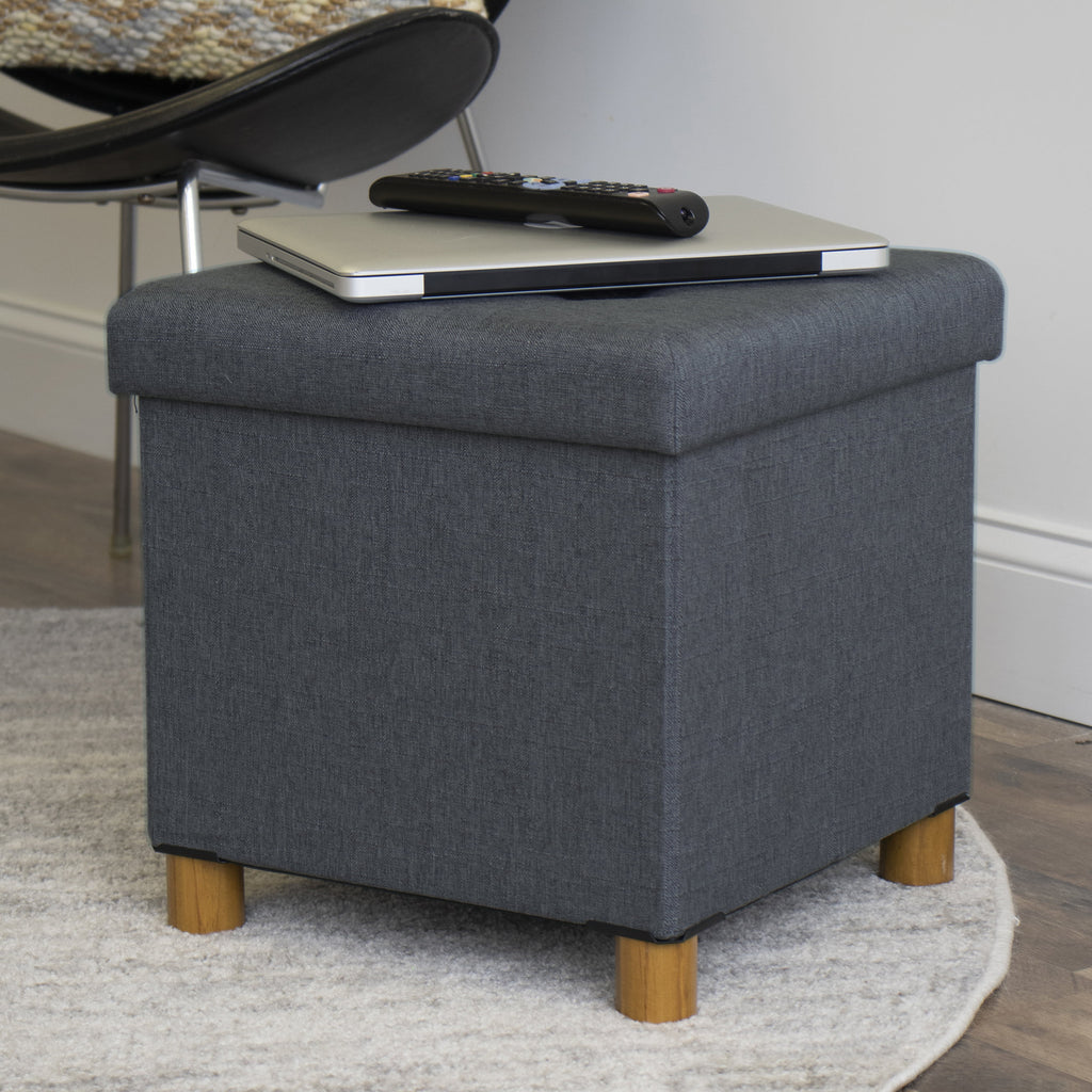 Dark Grey Collapsible Cube Storage Ottoman Foot Stool with Tray X9782