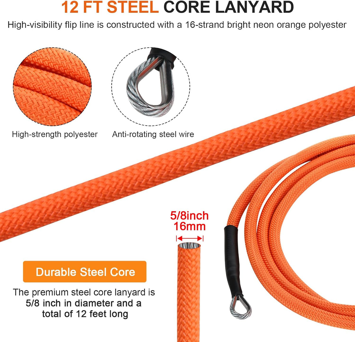 Steel Wire Core Flipline Rope Kit 5/8 x 12 ft with Triple Lock Carabiner Pack of 2 W151
