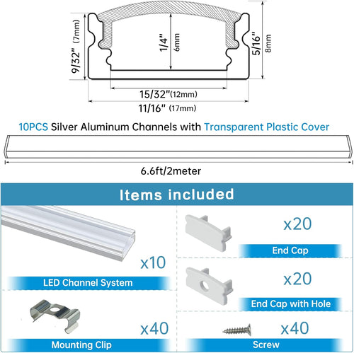 10Pack 6.6FT U Shape LED Aluminum Channel System with Clear Lens Cover X418