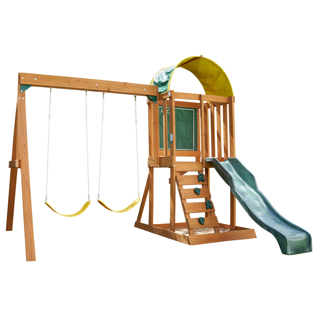 Wooden Outdoor Swing Set with Slide and Rock Wall R415295