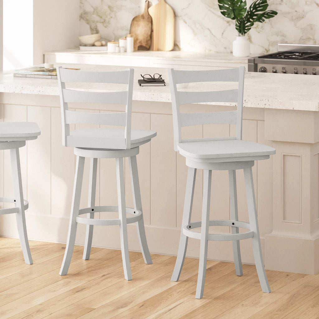 30" Antique White Swivel Bar Height Stool with Wood Seat and Footrest T9284