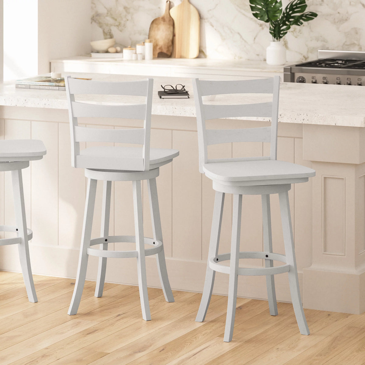 30" Antique White Swivel Bar Height Stool with Wood Seat and Footrest T9284