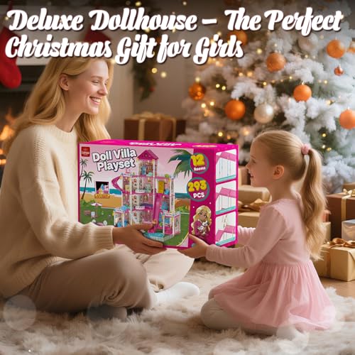 4-Story 12 Rooms Pink Dollhouse with Doll and Furniture J787