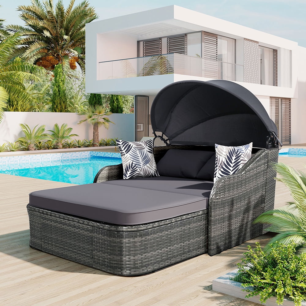 Gray Adjustable Canopy Outdoor Double Chaise Lounger C65304