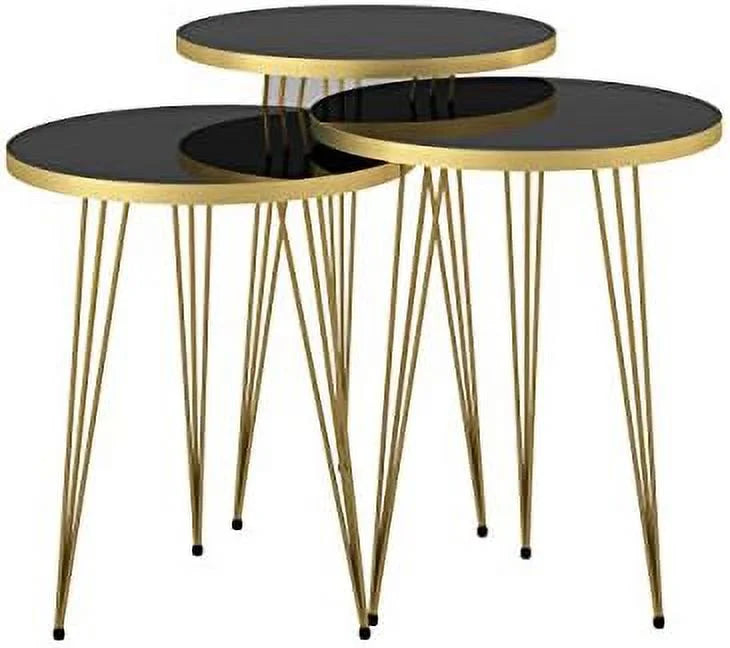Set of 3 High Gloss Black Round Nesting Tables with Metal Legs T559