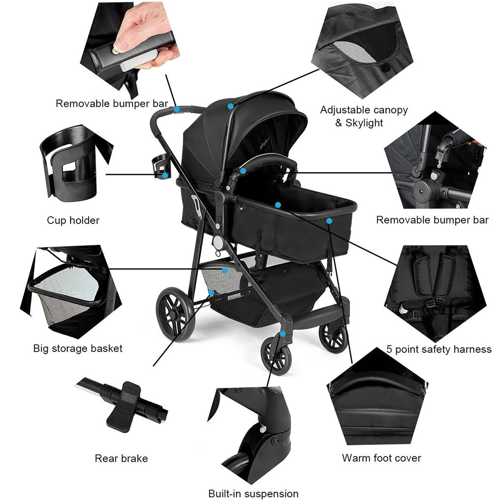 2 In 1 Foldable Baby Stroller Black D3236