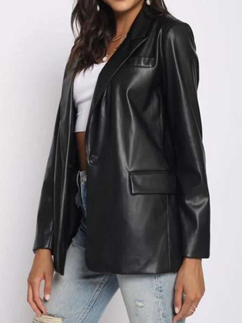Recycled Vegan Leather One Button Blazer Jacket Z60466