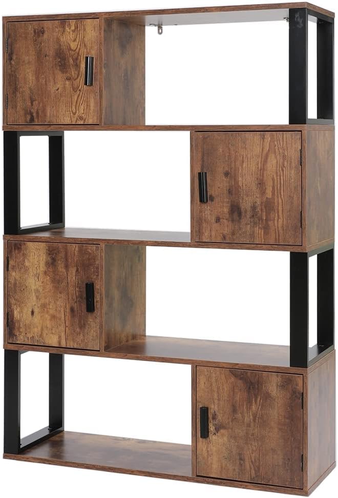 4 Tier Rustic Brown Bookcase with 4 Cube Storage Cabinet Z43289