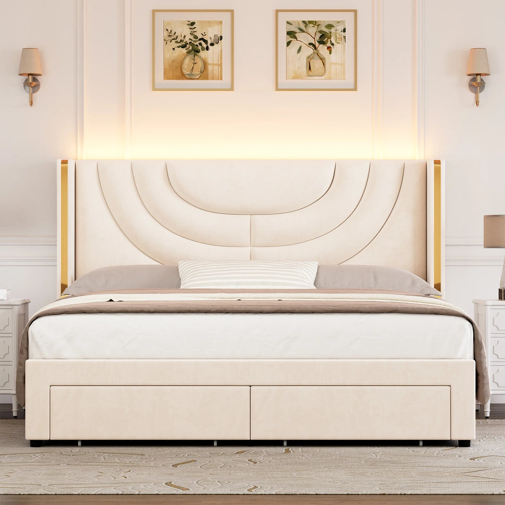 Full Size Velvet Upholstered Platform Bed Frame with 2 Drawers P3898