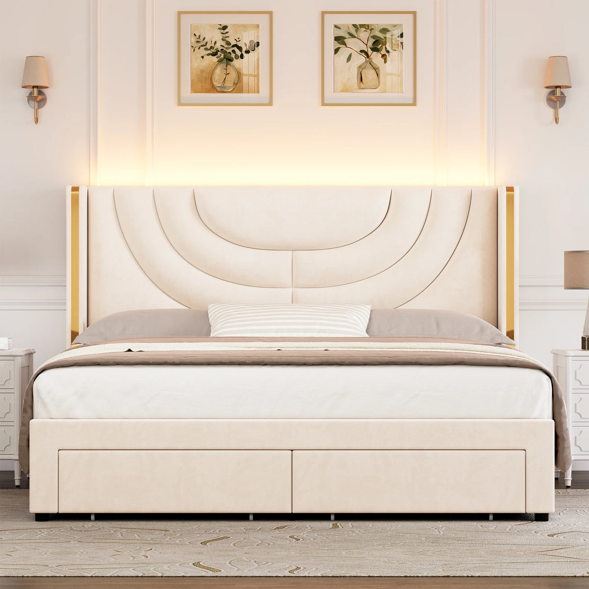 Full Size Velvet Upholstered Platform Bed Frame with 2 Drawers P3898