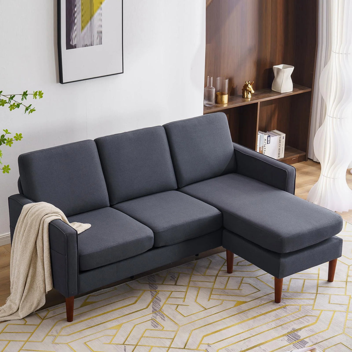 Dark Grey L Shaped Linen Fabric Convertible Sectional Sofa Z7697