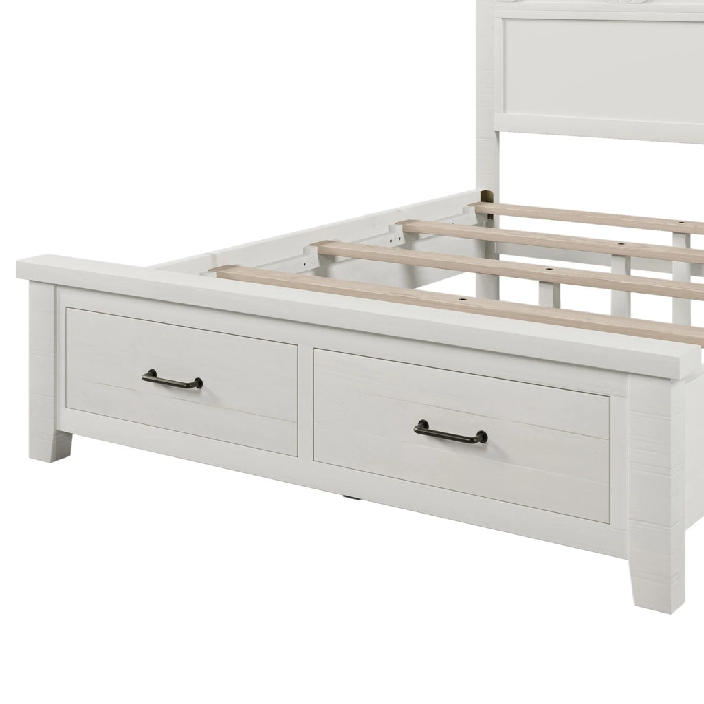 Queen Size White Solid Wood Storage Panel Bed with 2 Drawers X4914