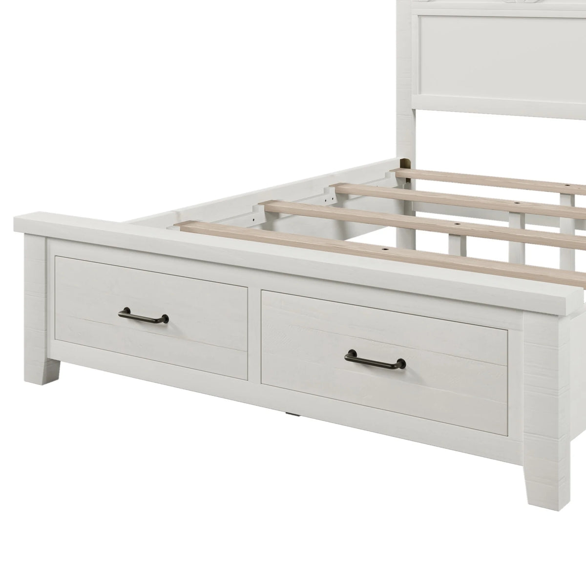 Queen Size White Solid Wood Storage Panel Bed with 2 Drawers X4914