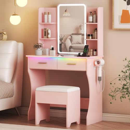 White Vanity Desk with LED Lights Mirror & Chair H709875