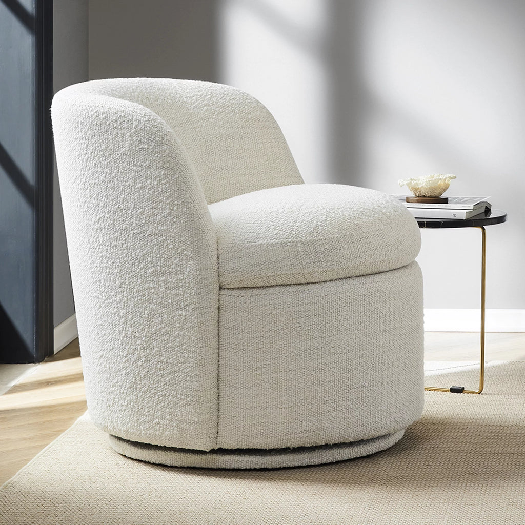 White Boucle Fabric Barrel Accent Chair E452