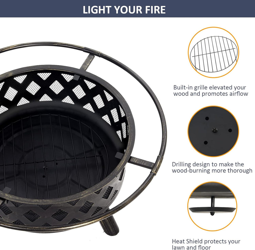 30 Inch Wood Burning Fire Pit with BBQ Grill U316973