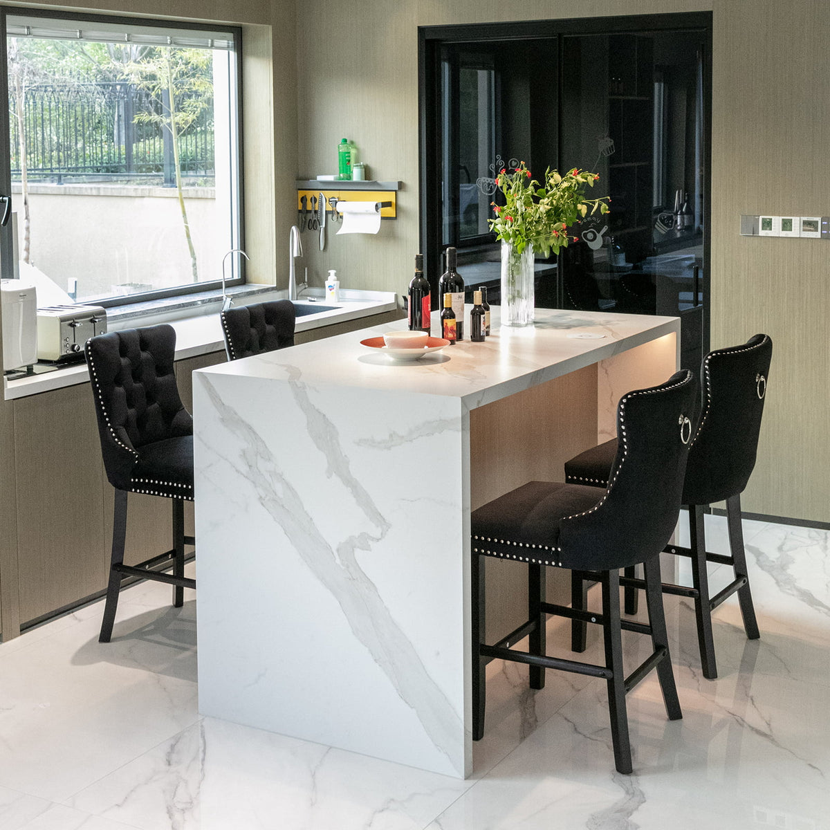 Black Velvet Upholstered Bar Stools Set of 4 R56370