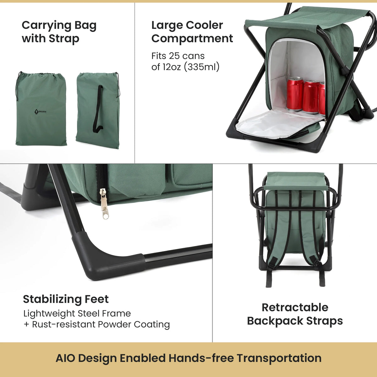 Compact 3-in-1 Fishing Chair with Cooler, Forest Green C219724