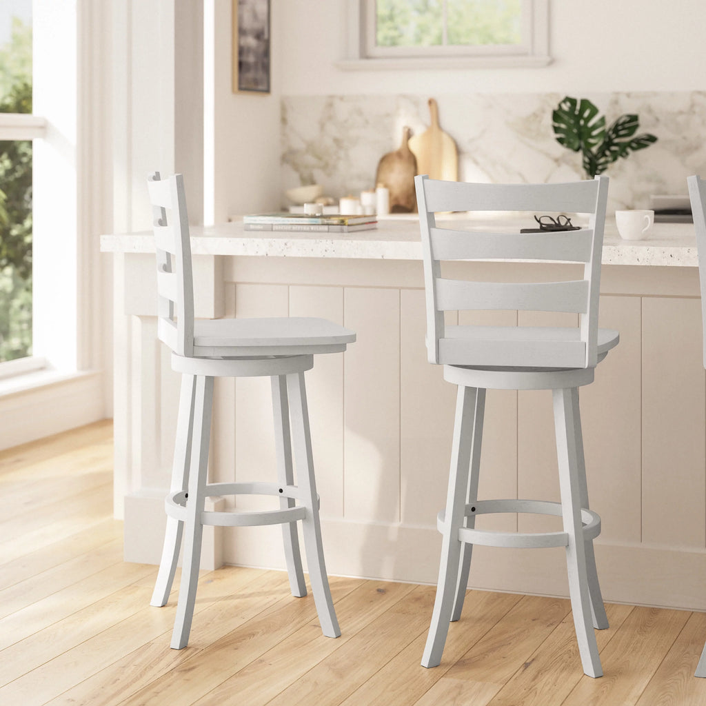 30" Antique White Swivel Bar Height Stool with Wood Seat and Footrest T9284