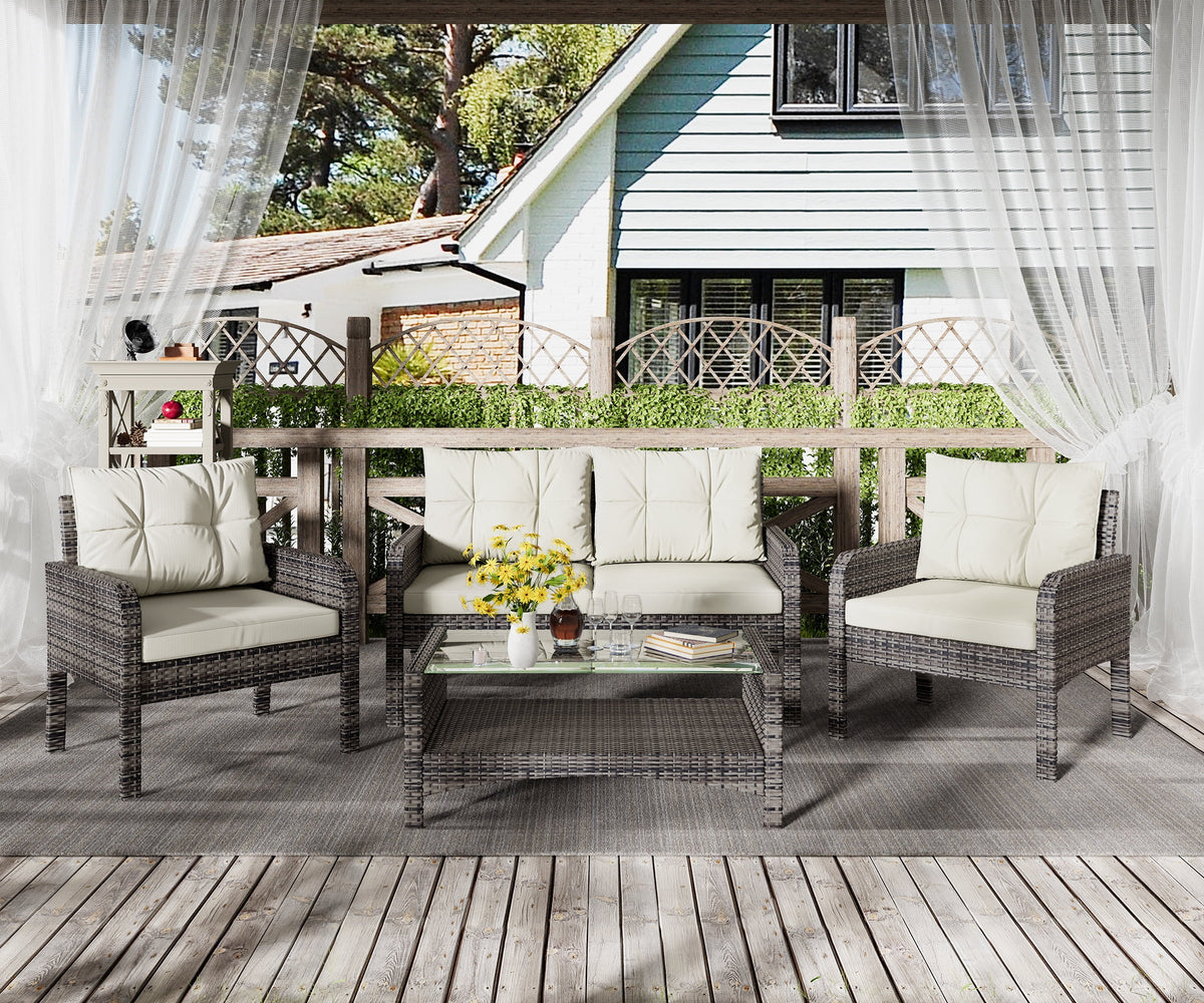 4-Piece Outdoor Rattan Wicker Sofa Set with Cushions & Coffee Table H583629