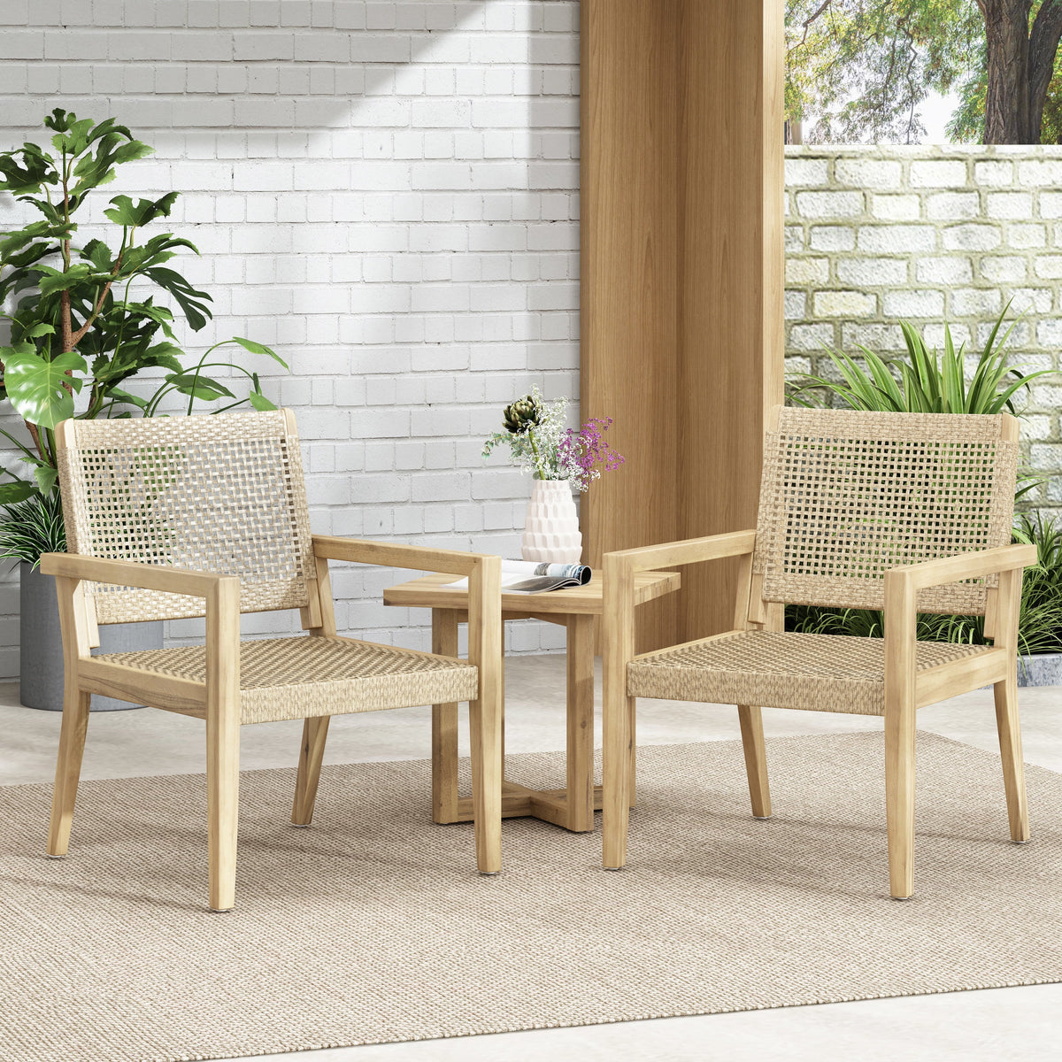 Wicker and Acacia Wood Outdoor Club Chairs, Set of 2 P782