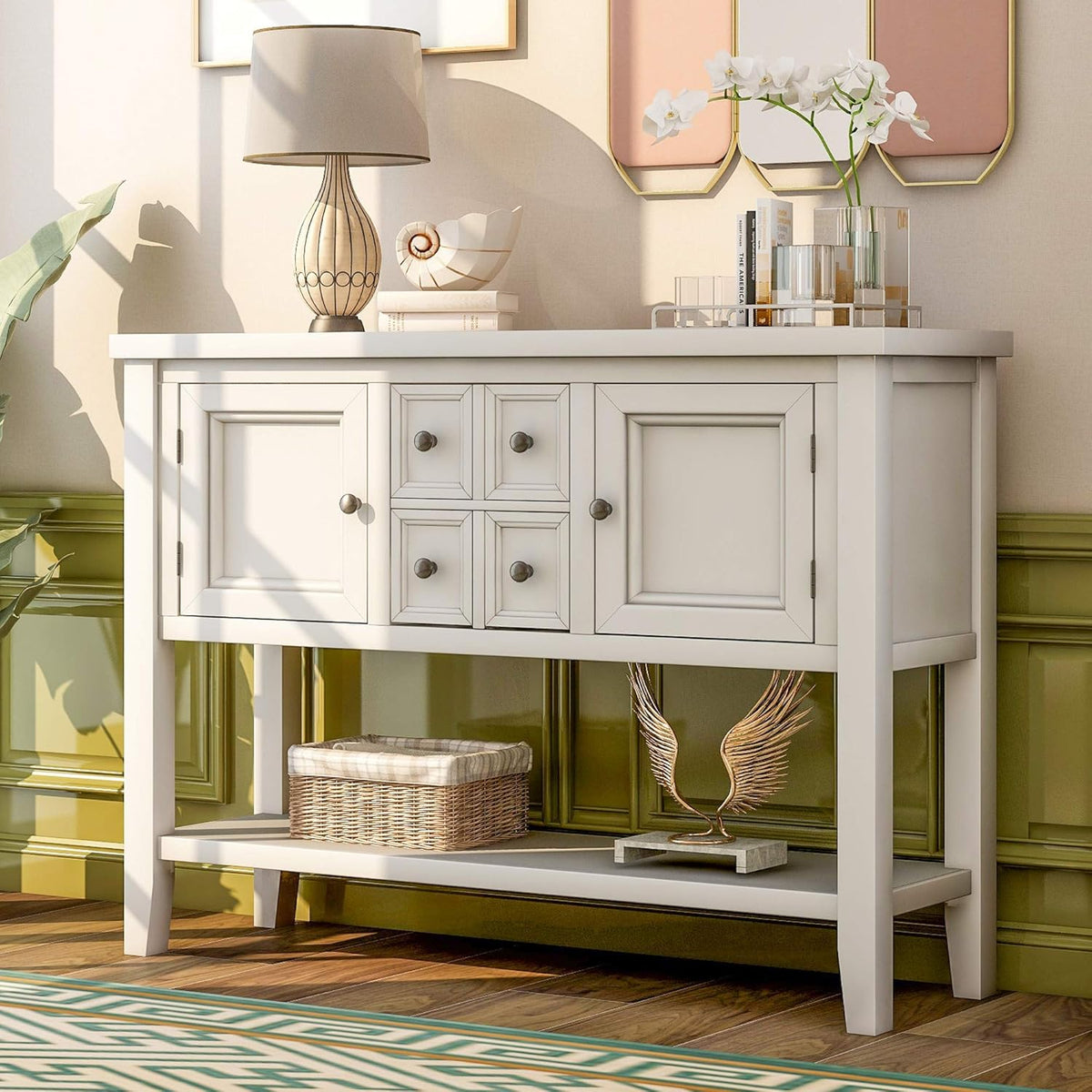 Antique Gray Console Table with Storage Drawers and Bottom Shelf K432