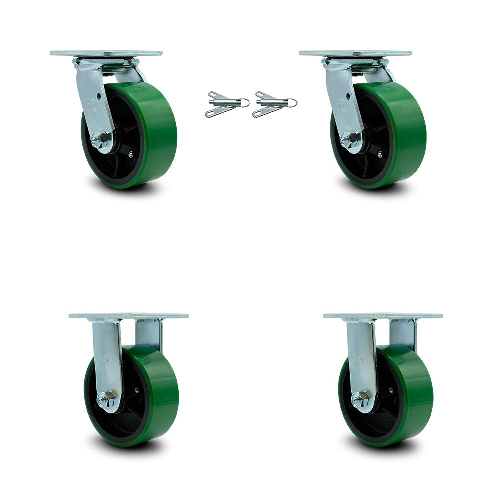 Polyurethane Cast Iron Swivel Caster with 8 x 2 Green Wheel and Brake, Pack of 2 N9808