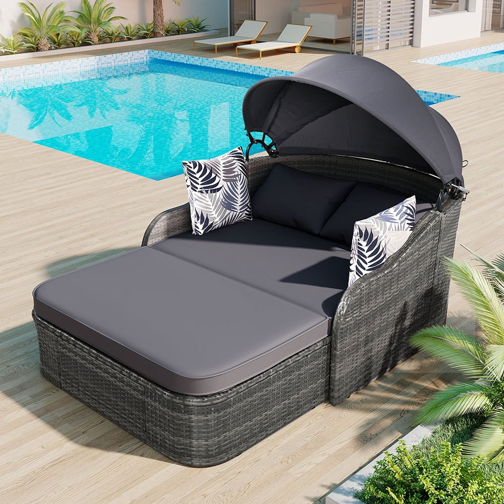 Gray Adjustable Canopy Outdoor Double Chaise Lounger C65304