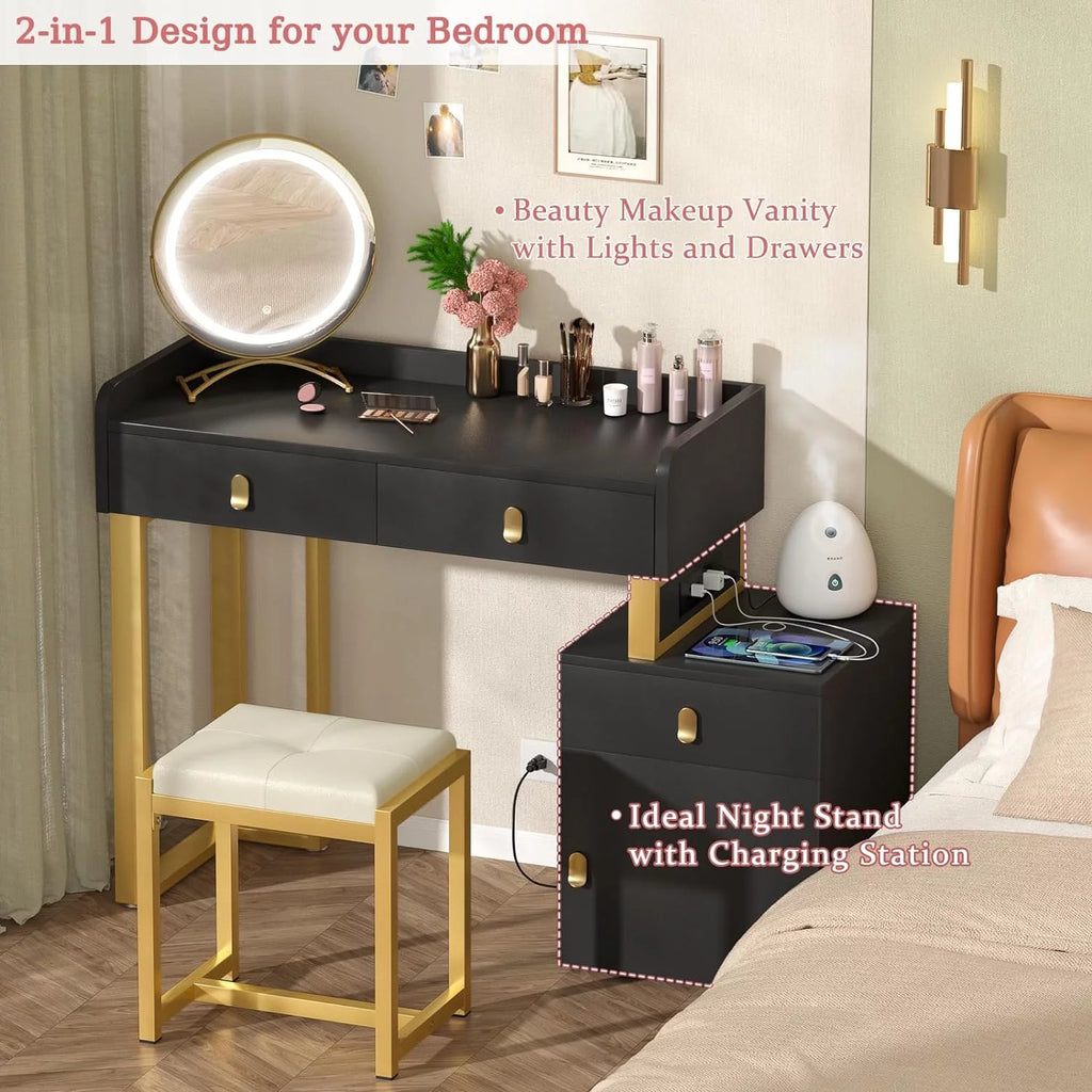 Black Vanity Desk with Lighted Mirror and Chair O780