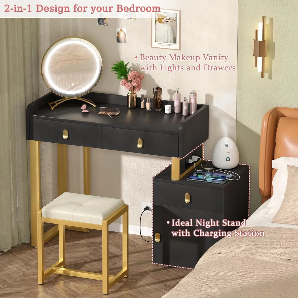 Black Vanity Desk with Lighted Mirror and Chair O780