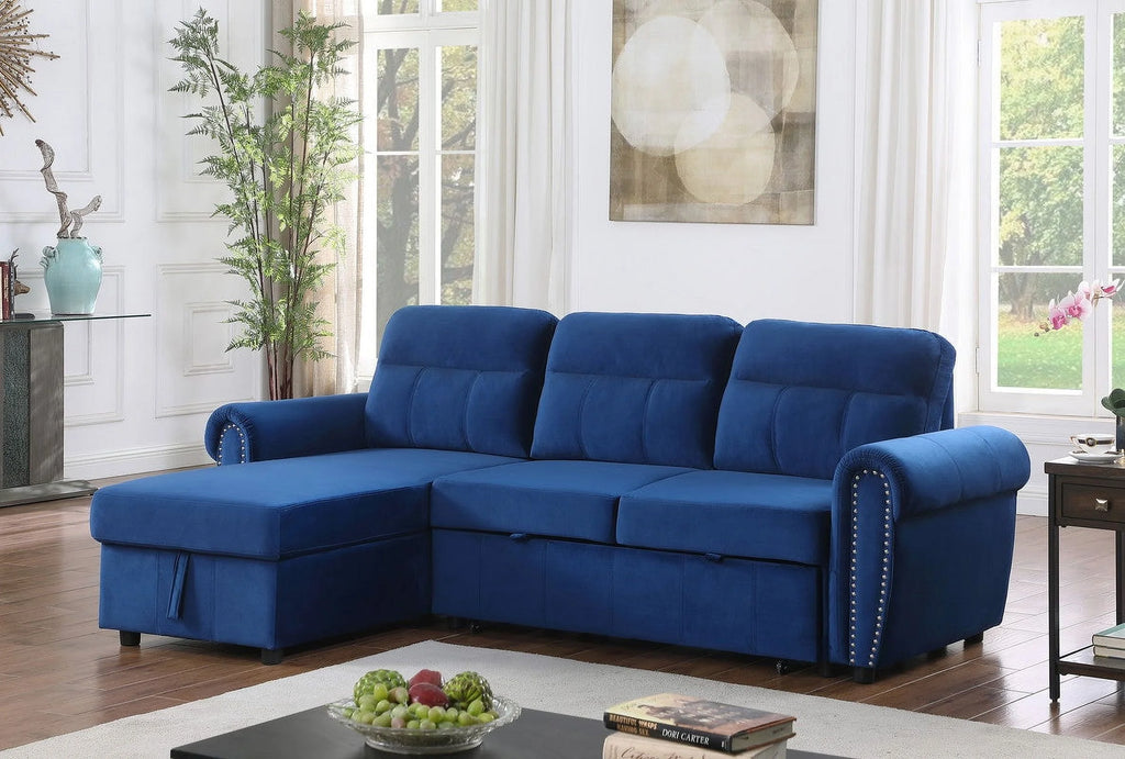 Blue Velvet Reversible Sleeper Sectional Sofa Chaise R396