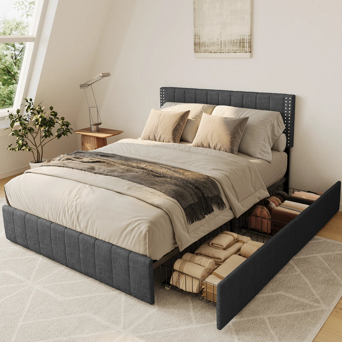 Full Bed Frame with 4 Storage Drawers W556