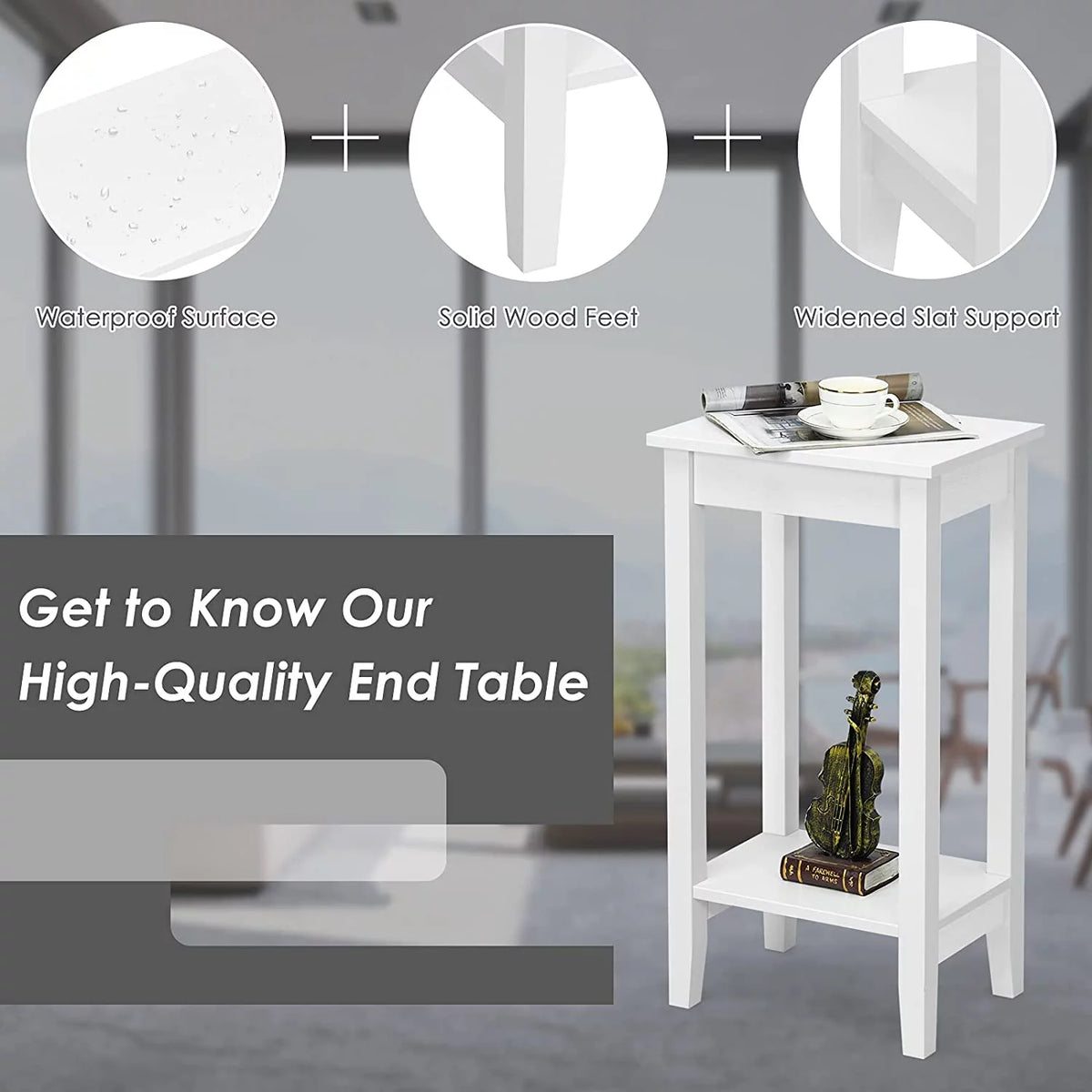 2-Tier End Table with Shelf and Wooden Legs, White R81983