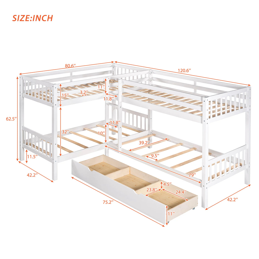 White Wooden L-Shaped Twin Over Twin Bunk Beds with Storage Drawers Q861