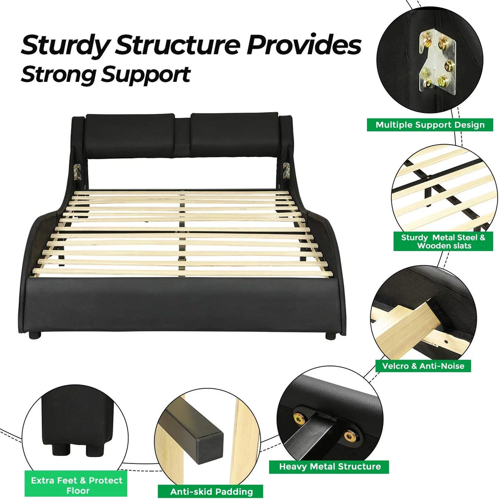 Queen LED Bed Frame with Faux PU Leather Headboard K588673