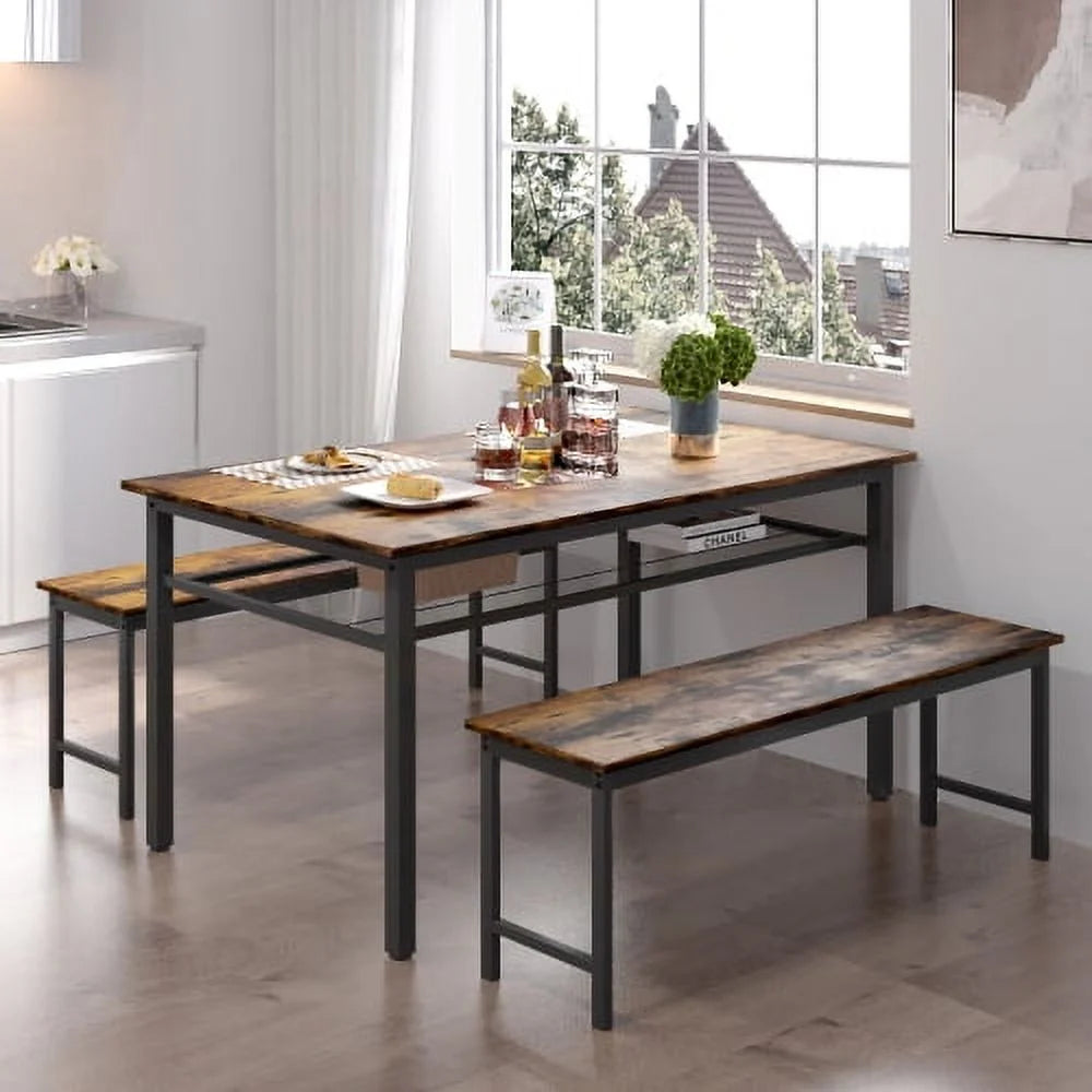 3 Pieces Farmhouse Kitchen Table Set with Two Benches W255134