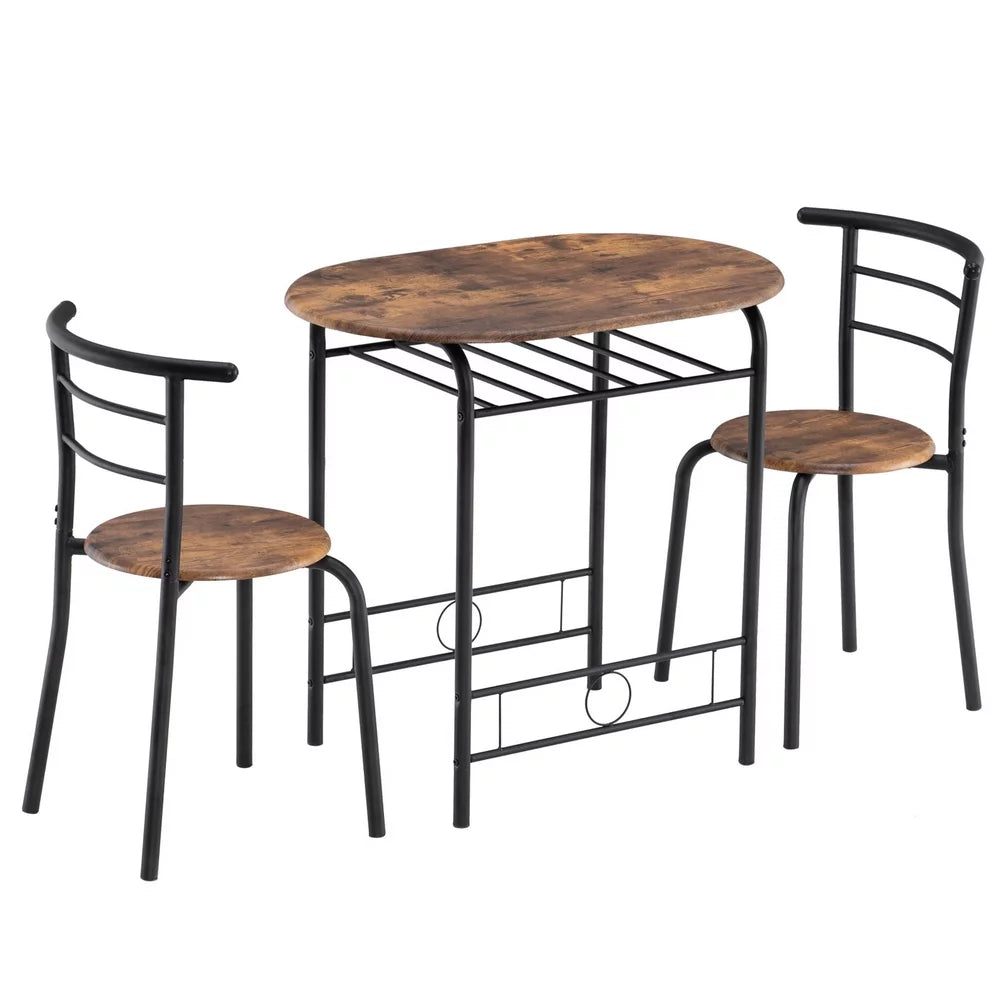 Brown 3 Pieces Dining Table and Chair Set with Storage Rack J448