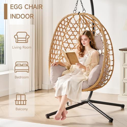 Beige Wicker Rattan Egg Chair with Stand U744530