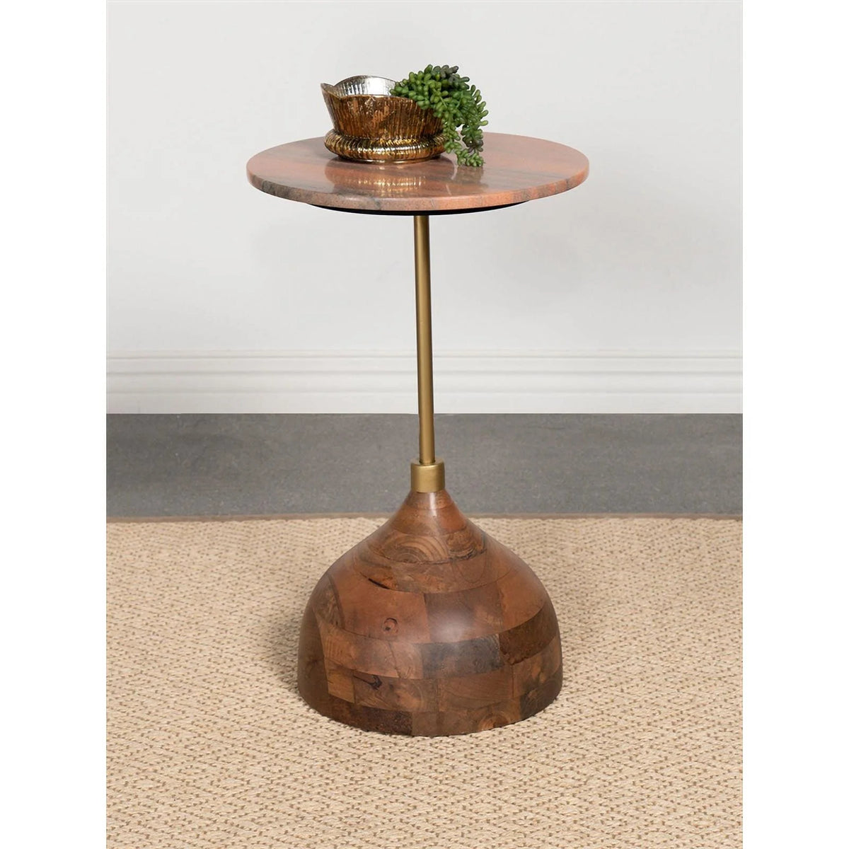 Contemporary Round Marble Top Side Table in Peach and Brown R4831