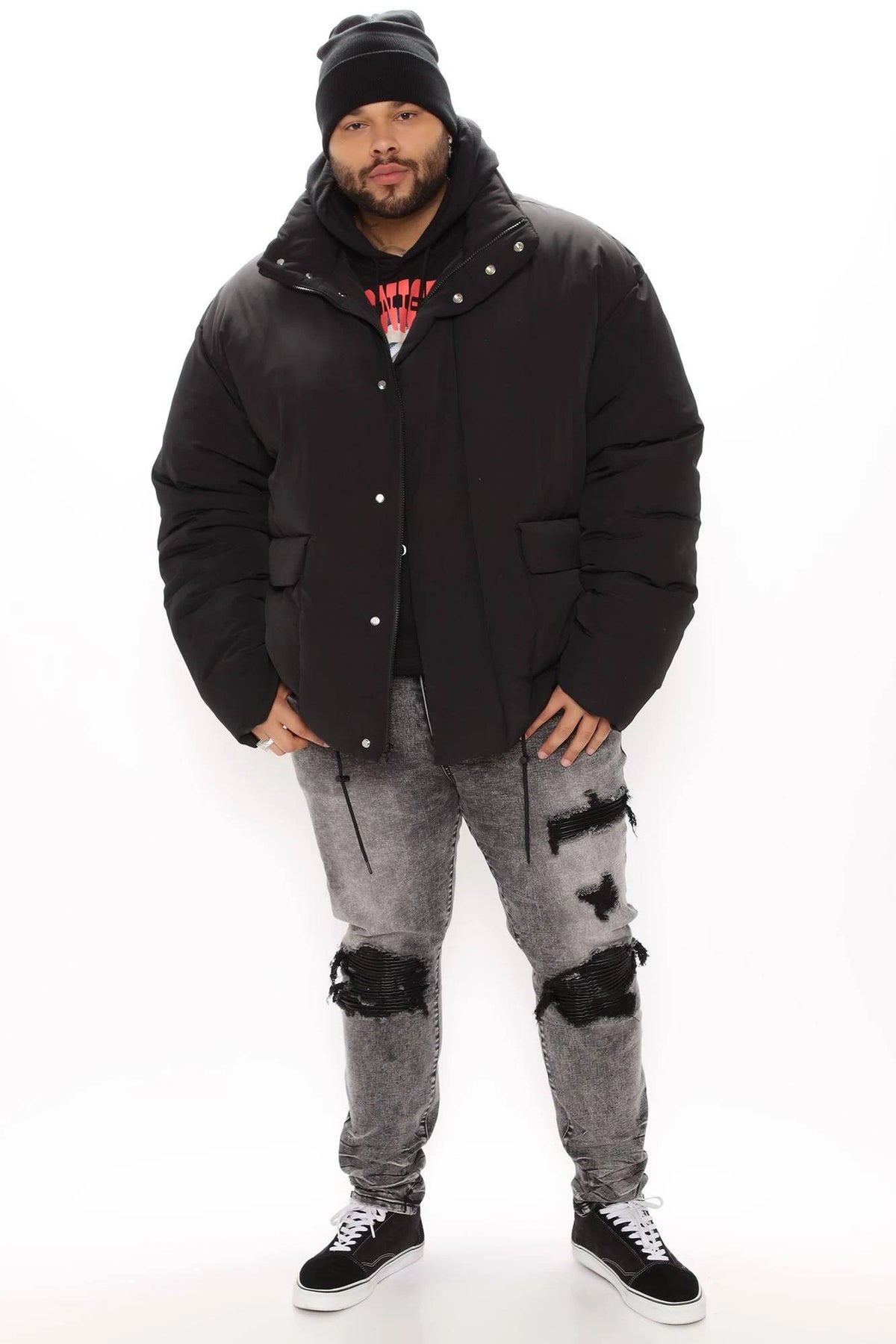 Black Cargo Pocket Puffer Jacket Z120069