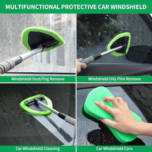 Portable Windshield Cleaner Tool with Extendable Handle and 4 Microfiber Towel Pads T164
