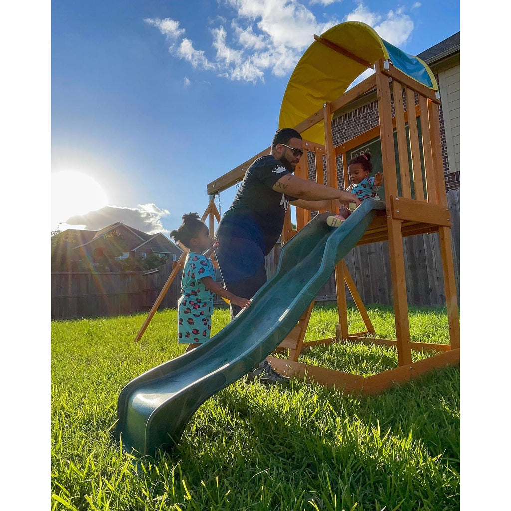Wooden Outdoor Swing Set with Slide and Rock Wall R415295